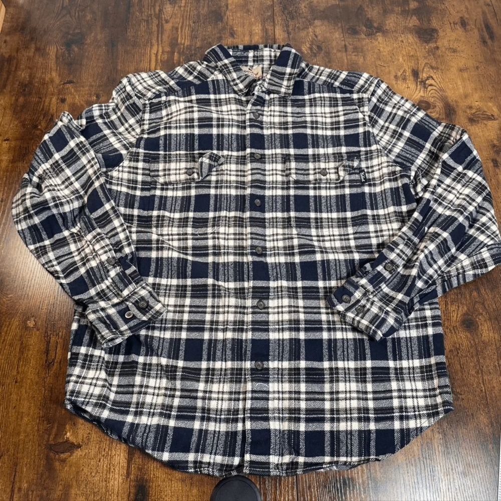 Woolrich Button Up Cotton‎ Flannel Shirt Womens L Blue Plaid Long Sleeve